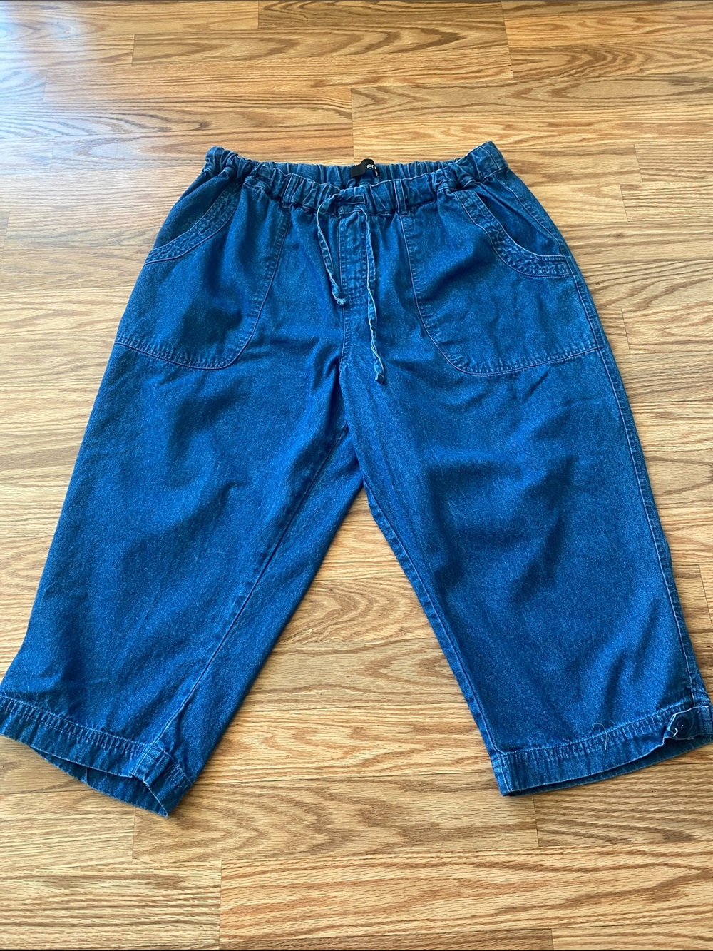 Erika Deep Blue Women’s Denim Capris with Elastic Waist Large Casual Drawstring